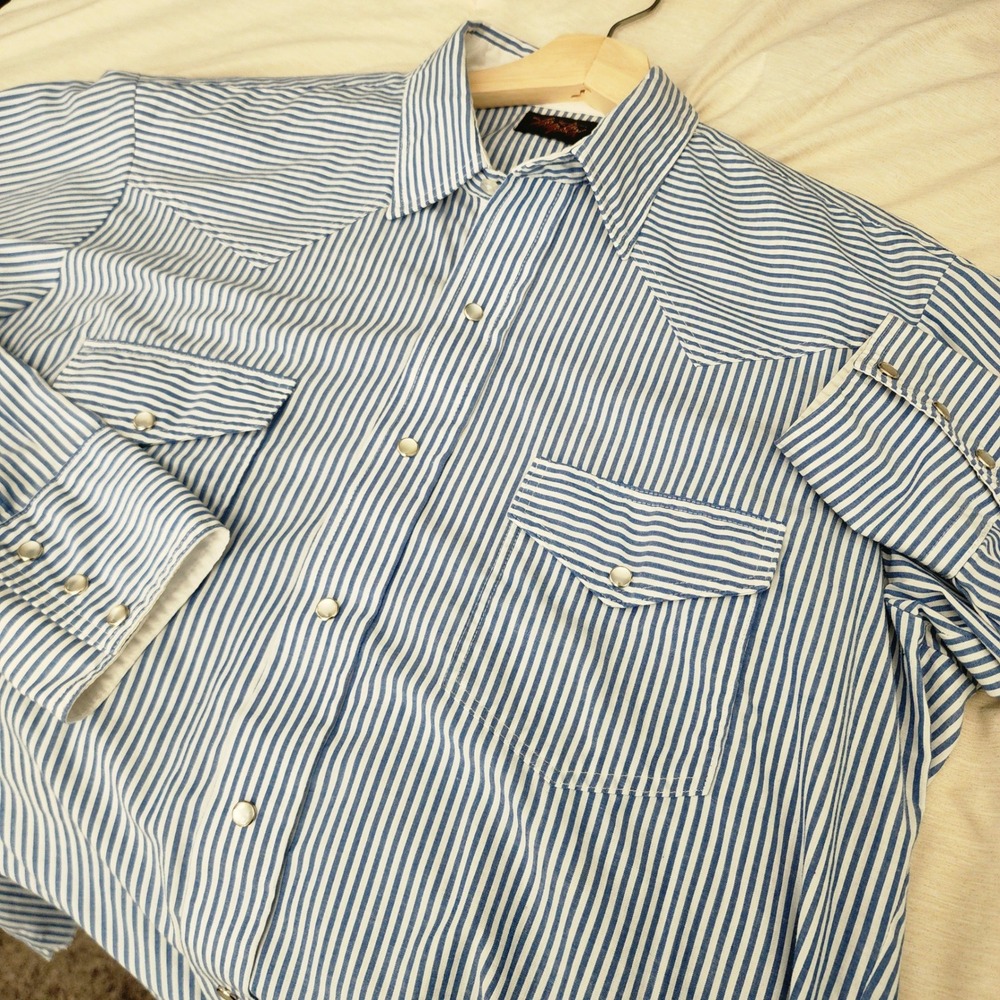 Tem-Tex Western Pearl Snap Shirt Mens XL Blue White Stripe Vintage Cowboy Yoke